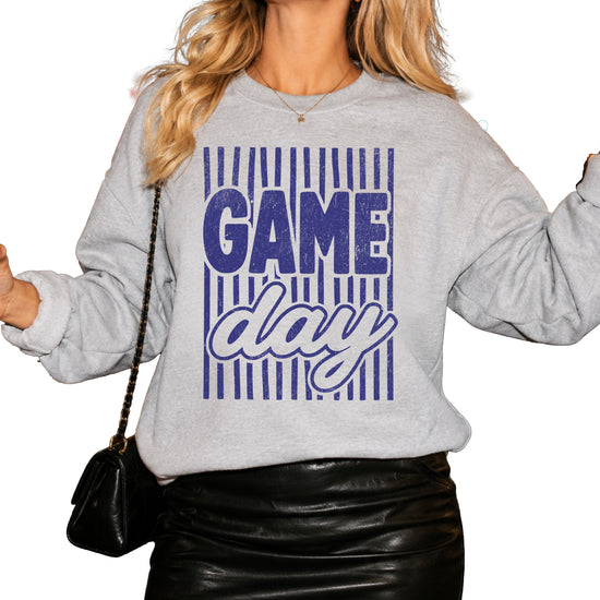 Game Day striped distressed football crewneck sweatshirt for women and teen girls, Blue on Gray Sweatshirt, front view