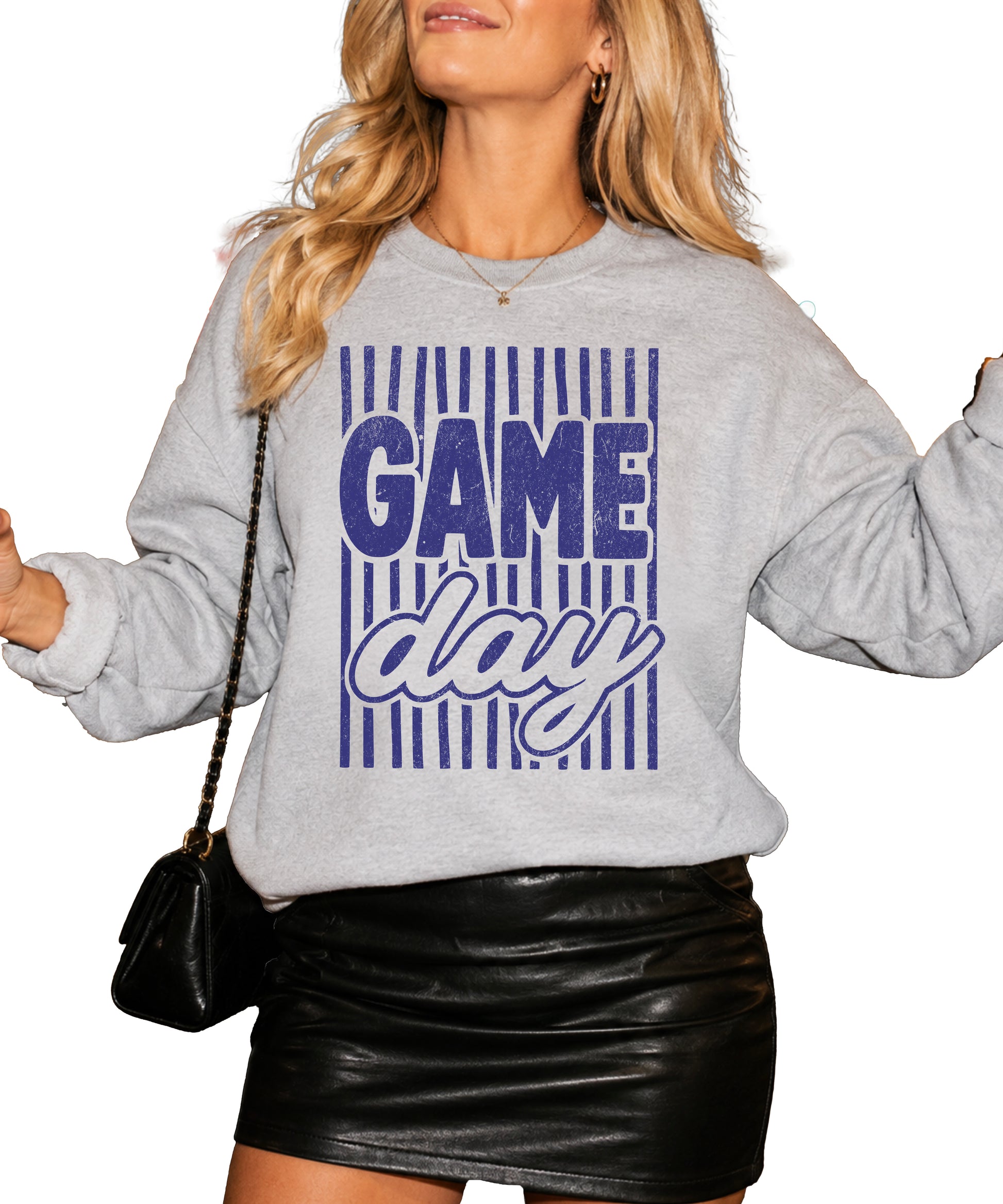 Game Day striped distressed football crewneck sweatshirt for women and teen girls, Blue on Gray Sweatshirt, front view