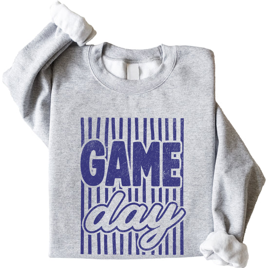 Game Day striped distressed football crewneck sweatshirt for women and teen girls, Blue on Gray Sweatshirt, detail view