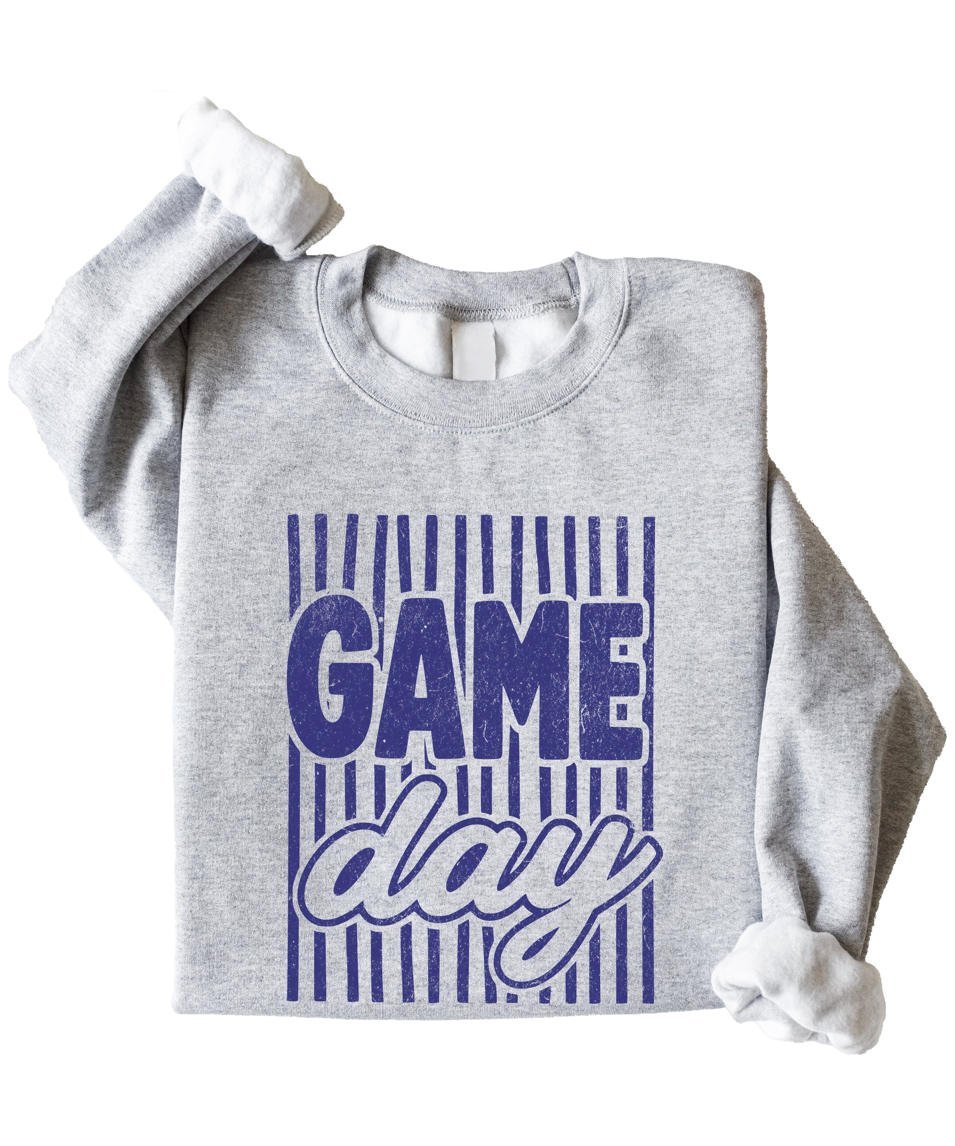 Game Day striped distressed football crewneck sweatshirt for women and teen girls, Blue on Gray Sweatshirt, detail view