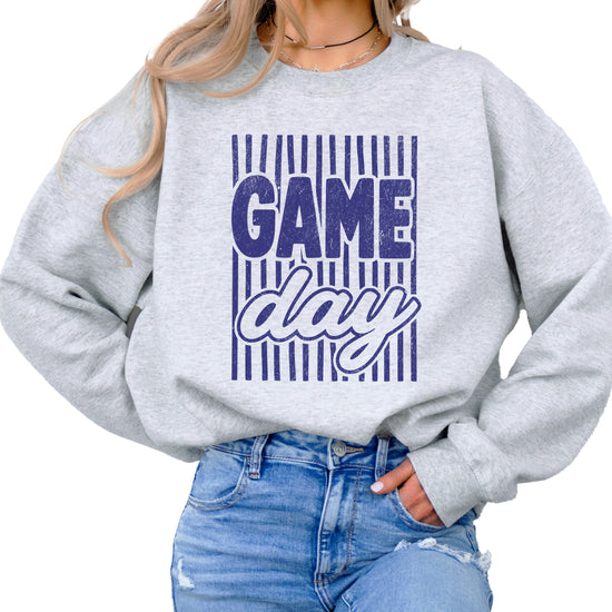 Game Day striped distressed football crewneck sweatshirt for women and teen girls, Blue on Gray Sweatshirt, styled view