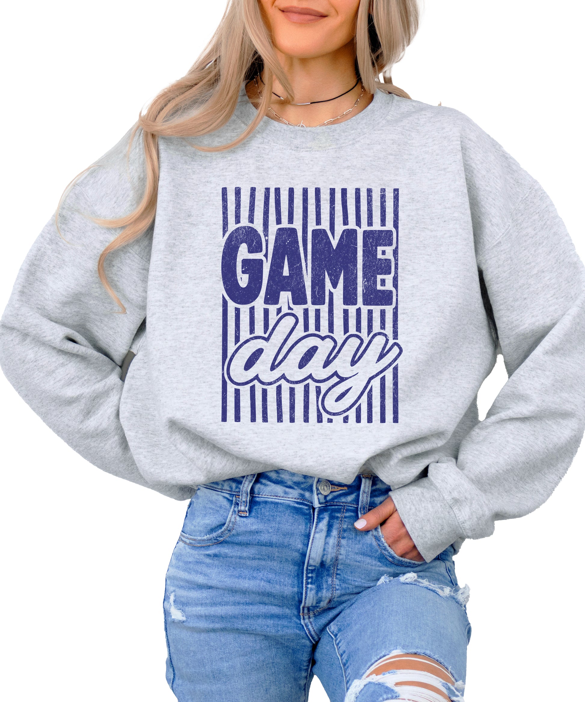 Game Day striped distressed football crewneck sweatshirt for women and teen girls, Blue on Gray Sweatshirt, styled view