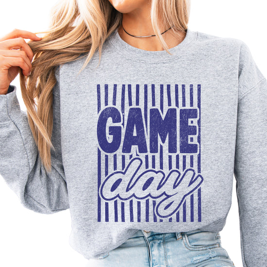 Game Day striped distressed football crewneck sweatshirt for women and teen girls, Blue on Gray Sweatshirt, alternate view