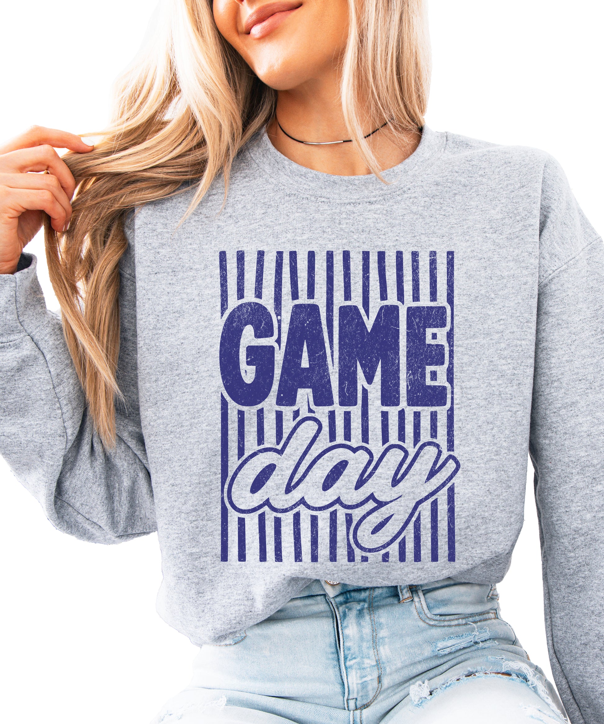 Game Day striped distressed football crewneck sweatshirt for women and teen girls, Blue on Gray Sweatshirt, alternate view
