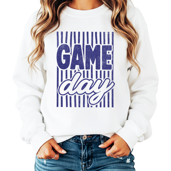 Game Day striped distressed football crewneck sweatshirt for women and teen girls, Blue on White Sweatshirt, front view
