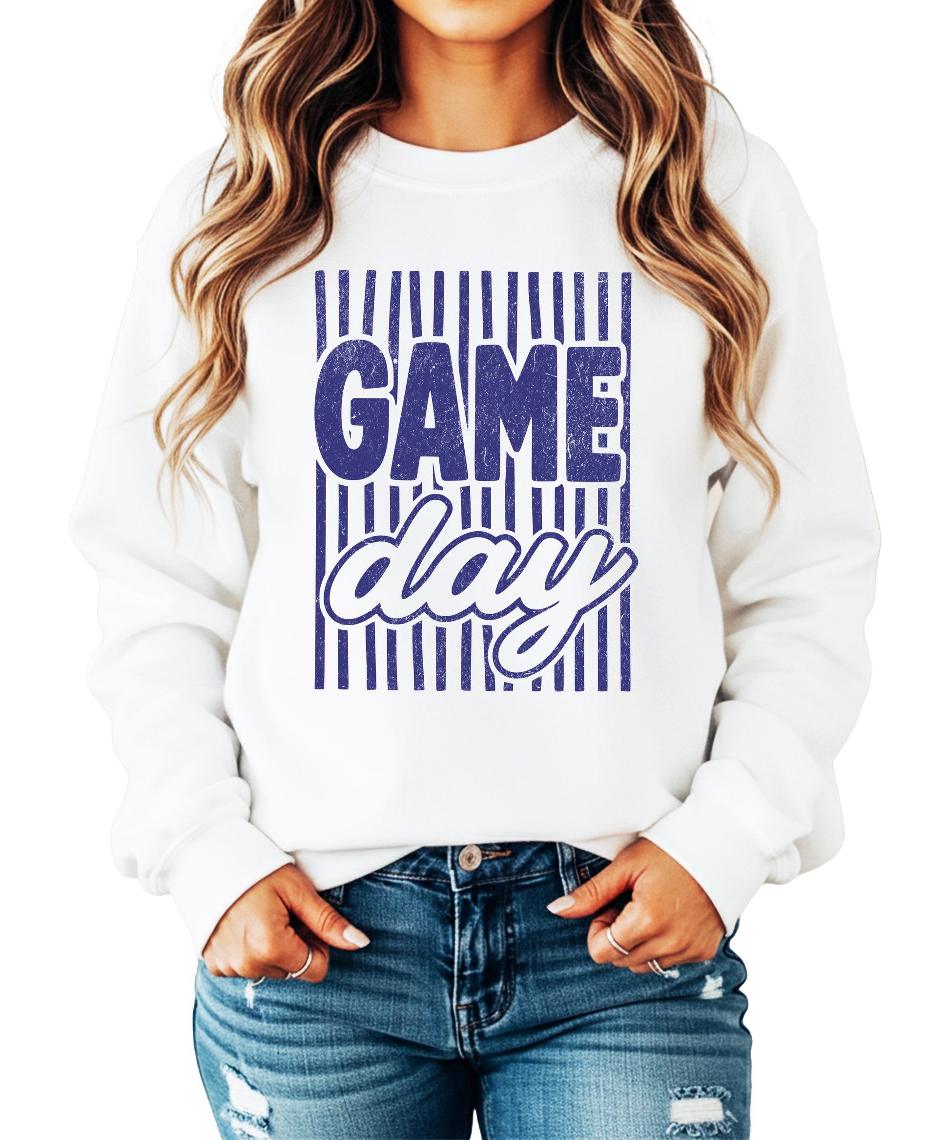 Game Day striped distressed football crewneck sweatshirt for women and teen girls, Blue on White Sweatshirt, front view