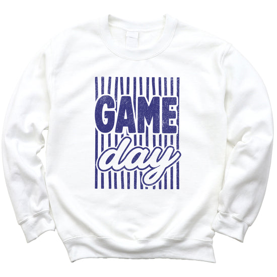 Game Day striped distressed football crewneck sweatshirt for women and teen girls, Blue on White Sweatshirt, detail view