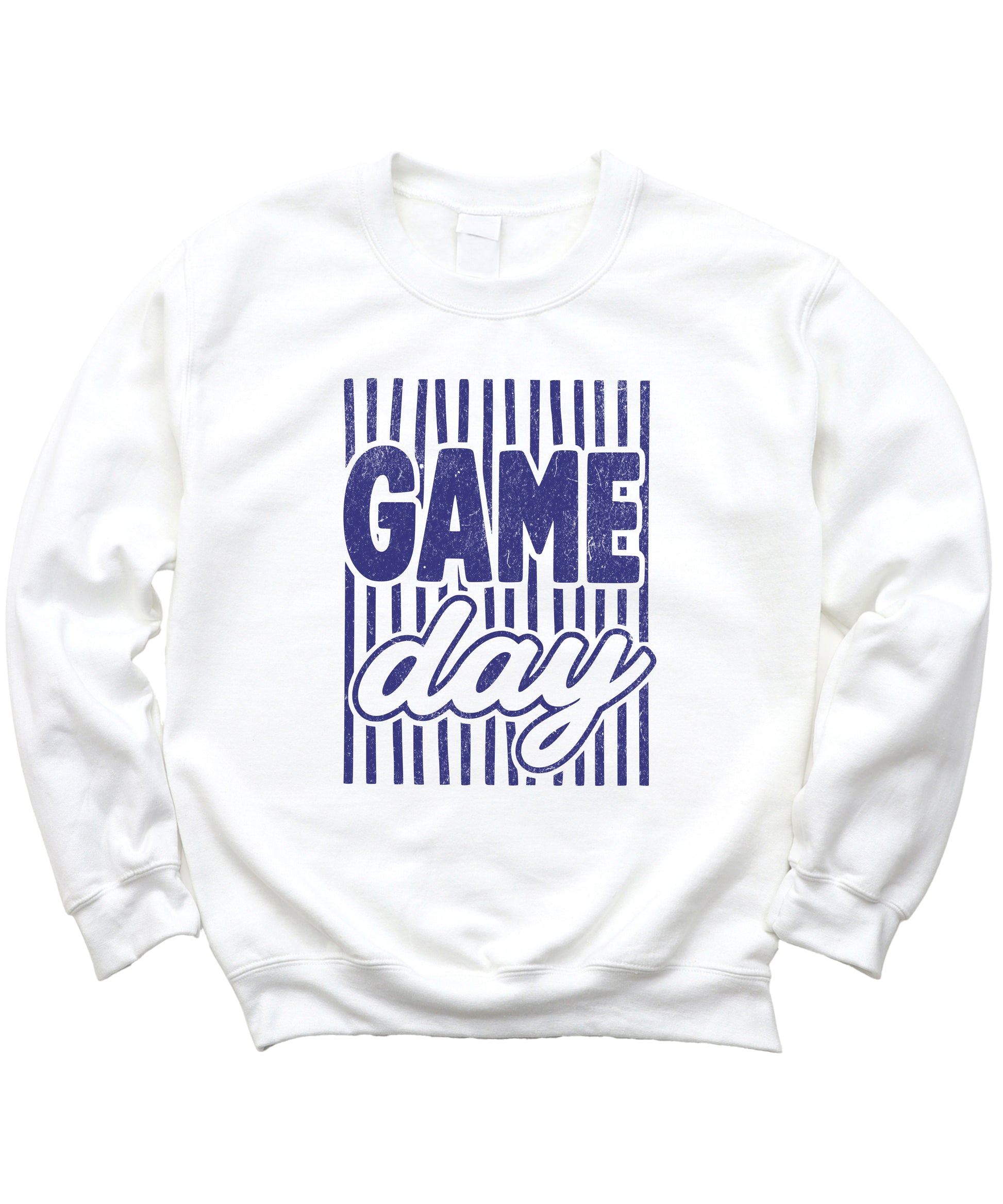 Game Day striped distressed football crewneck sweatshirt for women and teen girls, Blue on White Sweatshirt, detail view