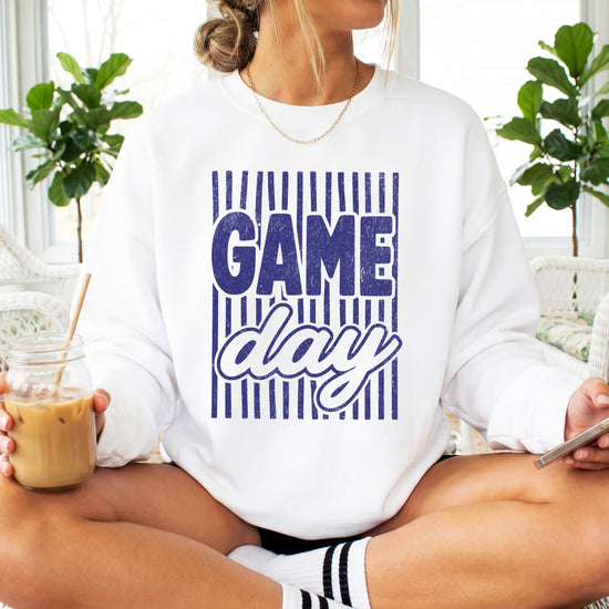 Game Day striped distressed football crewneck sweatshirt for women and teen girls, Blue on White Sweatshirt, styled view