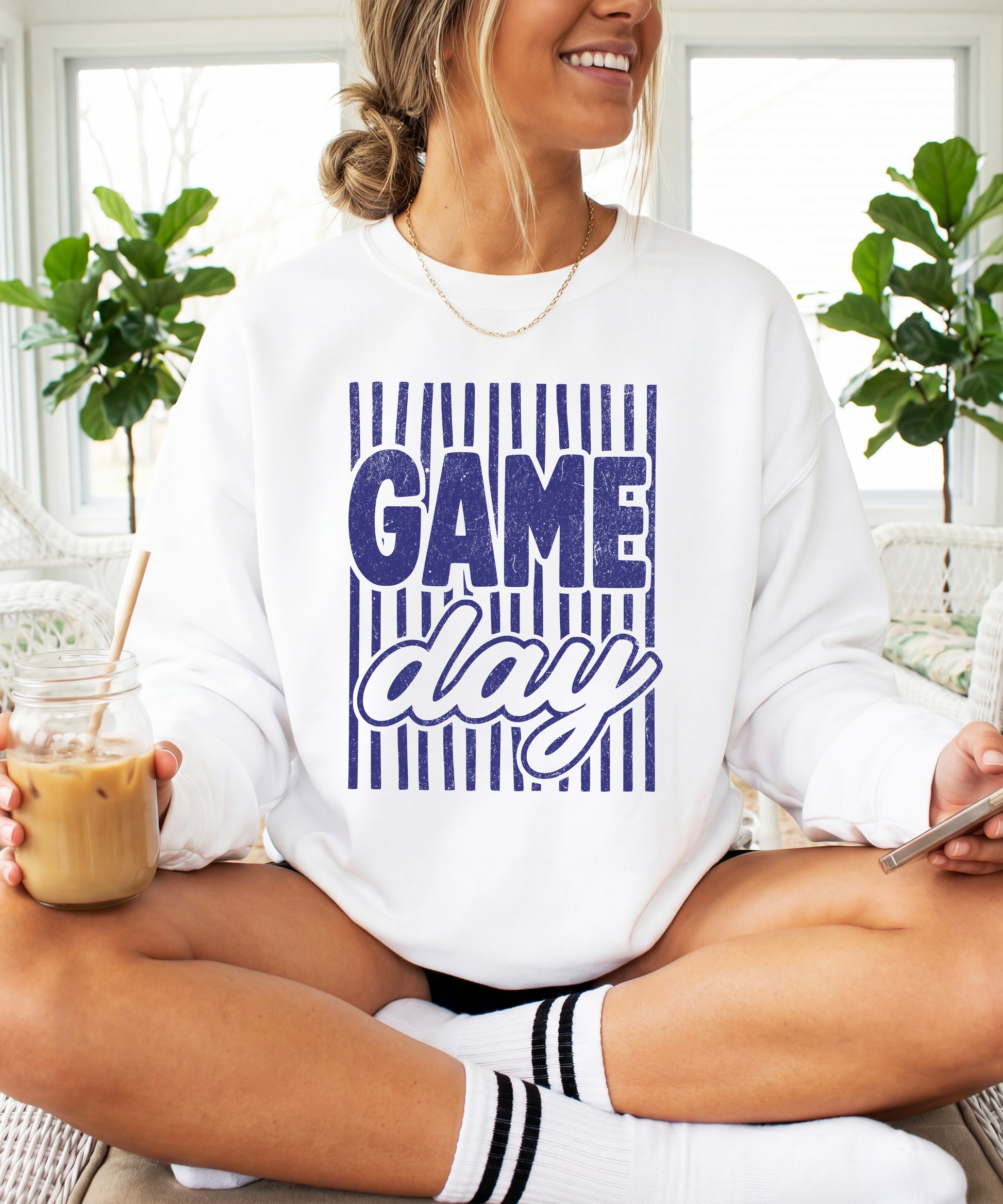Game Day striped distressed football crewneck sweatshirt for women and teen girls, Blue on White Sweatshirt, styled view