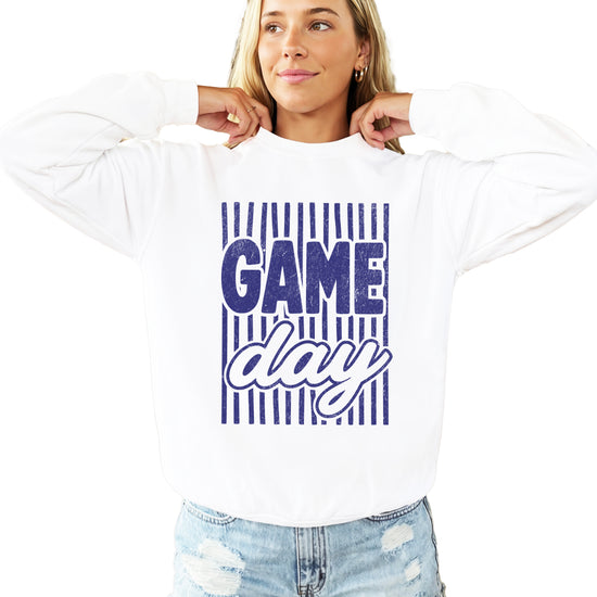 Game Day striped distressed football crewneck sweatshirt for women and teen girls, Blue on White Sweatshirt, alternate view