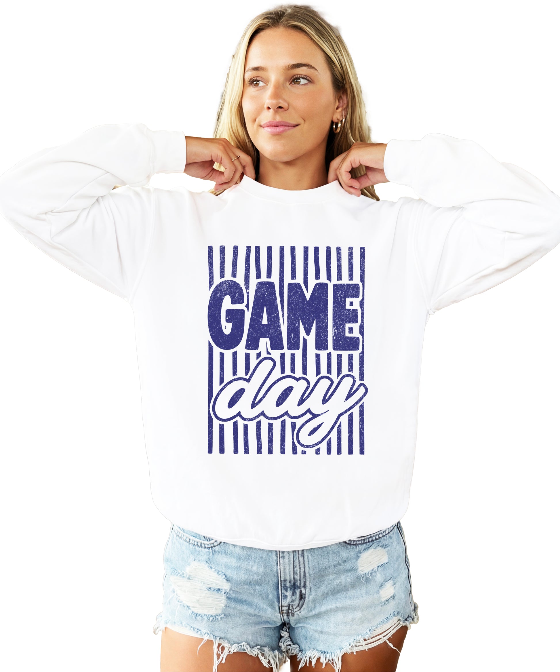 Game Day striped distressed football crewneck sweatshirt for women and teen girls, Blue on White Sweatshirt, alternate view