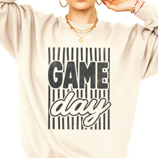 Game Day striped distressed football crewneck sweatshirt for women and teen girls, Black on Sand Sweatshirt, front view