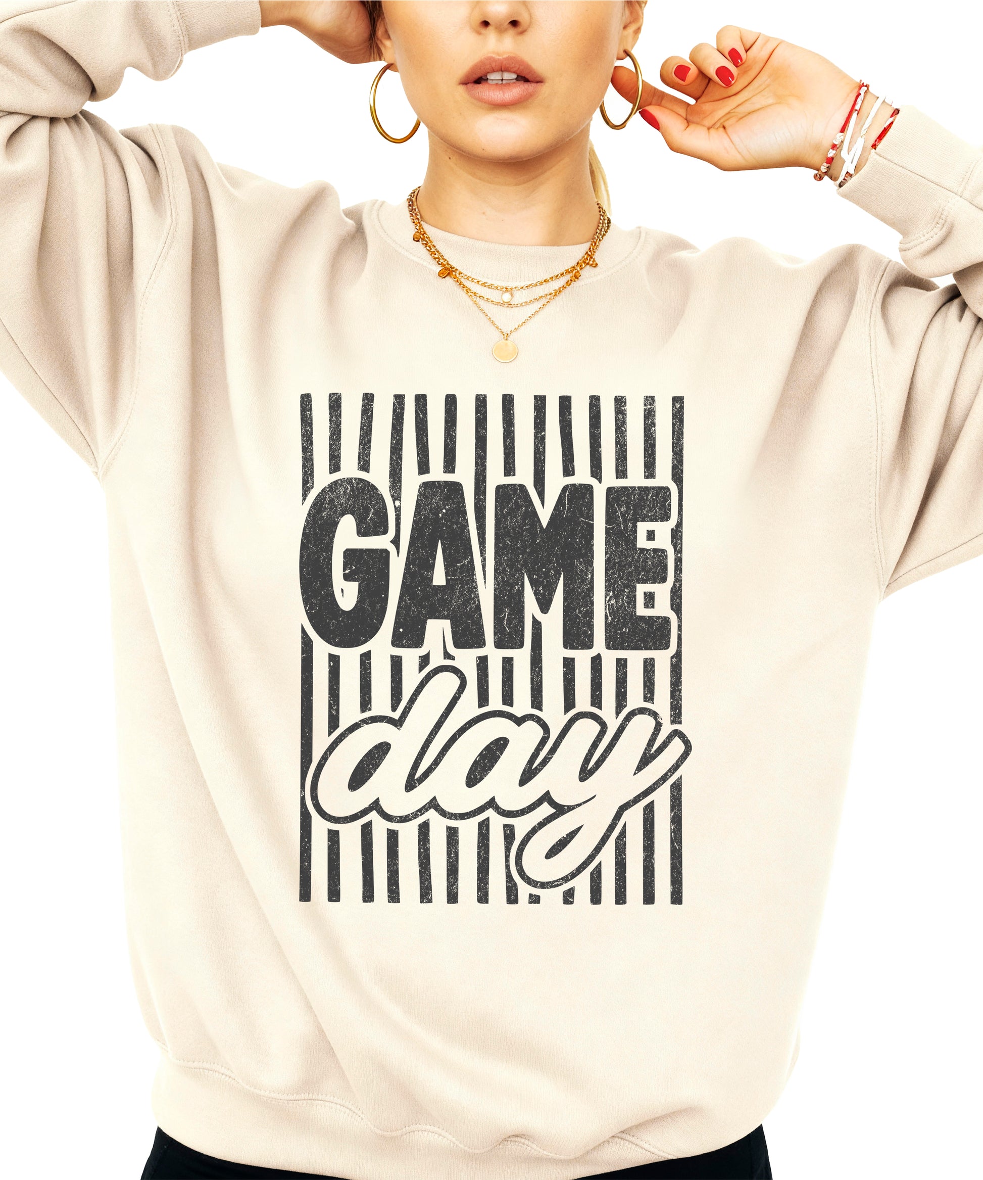 Game Day striped distressed football crewneck sweatshirt for women and teen girls, Black on Sand Sweatshirt, front view