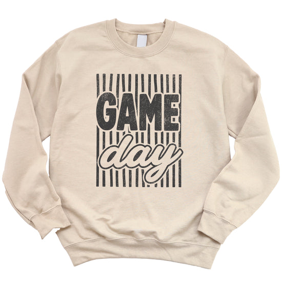 Game Day striped distressed football crewneck sweatshirt for women and teen girls, Black on Sand Sweatshirt, detail view