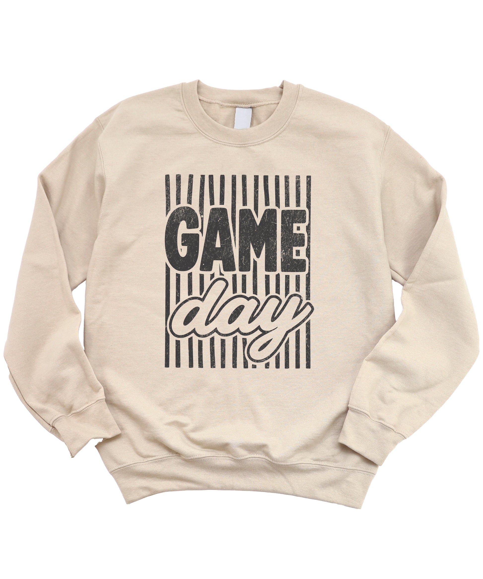 Game Day striped distressed football crewneck sweatshirt for women and teen girls, Black on Sand Sweatshirt, detail view