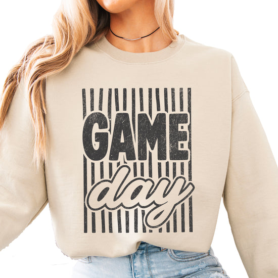Game Day striped distressed football crewneck sweatshirt for women and teen girls, Black on Sand Sweatshirt, styled view
