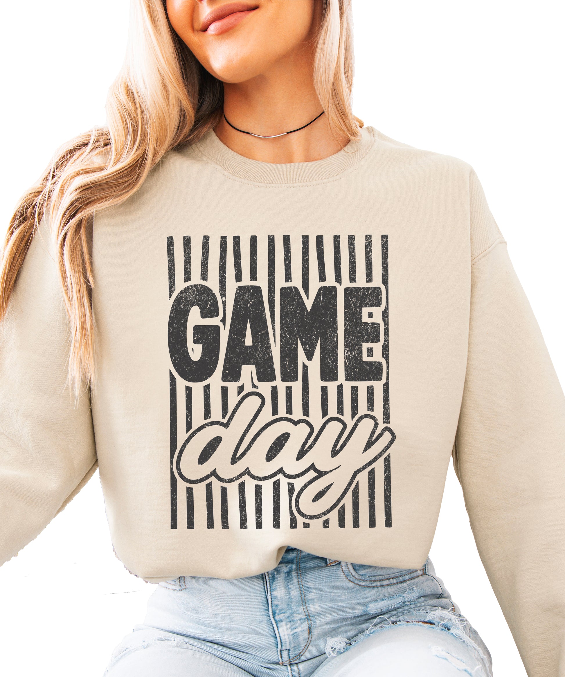 Game Day striped distressed football crewneck sweatshirt for women and teen girls, Black on Sand Sweatshirt, styled view