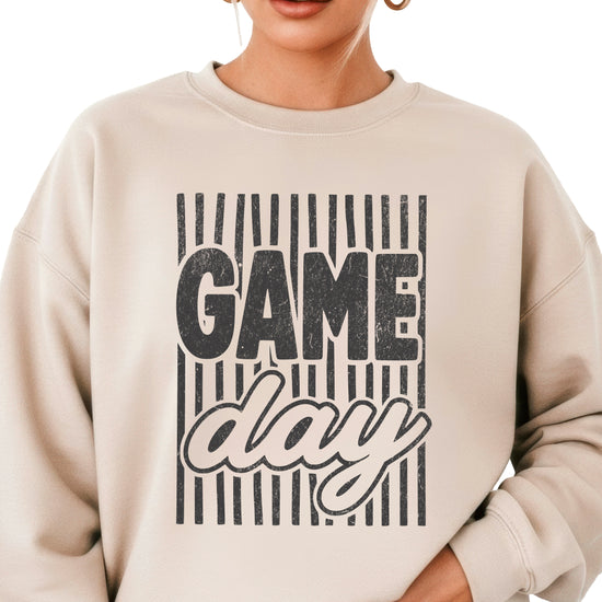 Game Day striped distressed football crewneck sweatshirt for women and teen girls, Black on Sand Sweatshirt, alternate view