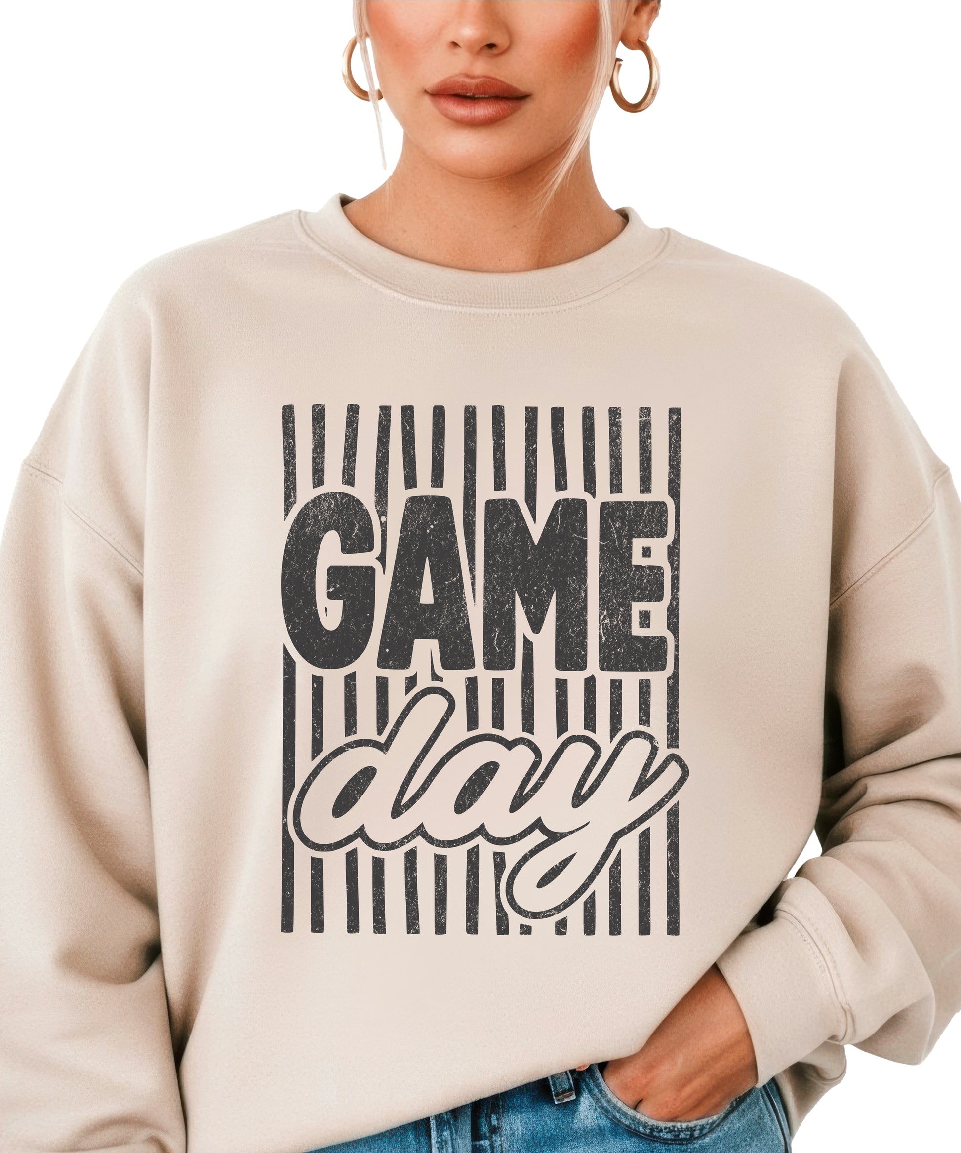 Game Day striped distressed football crewneck sweatshirt for women and teen girls, Black on Sand Sweatshirt, alternate view