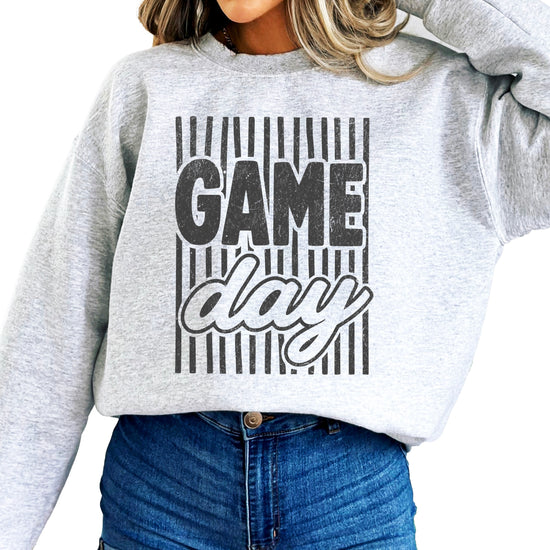 Game Day striped distressed football crewneck sweatshirt for women and teen girls, Black on Gray Sweatshirt, front view