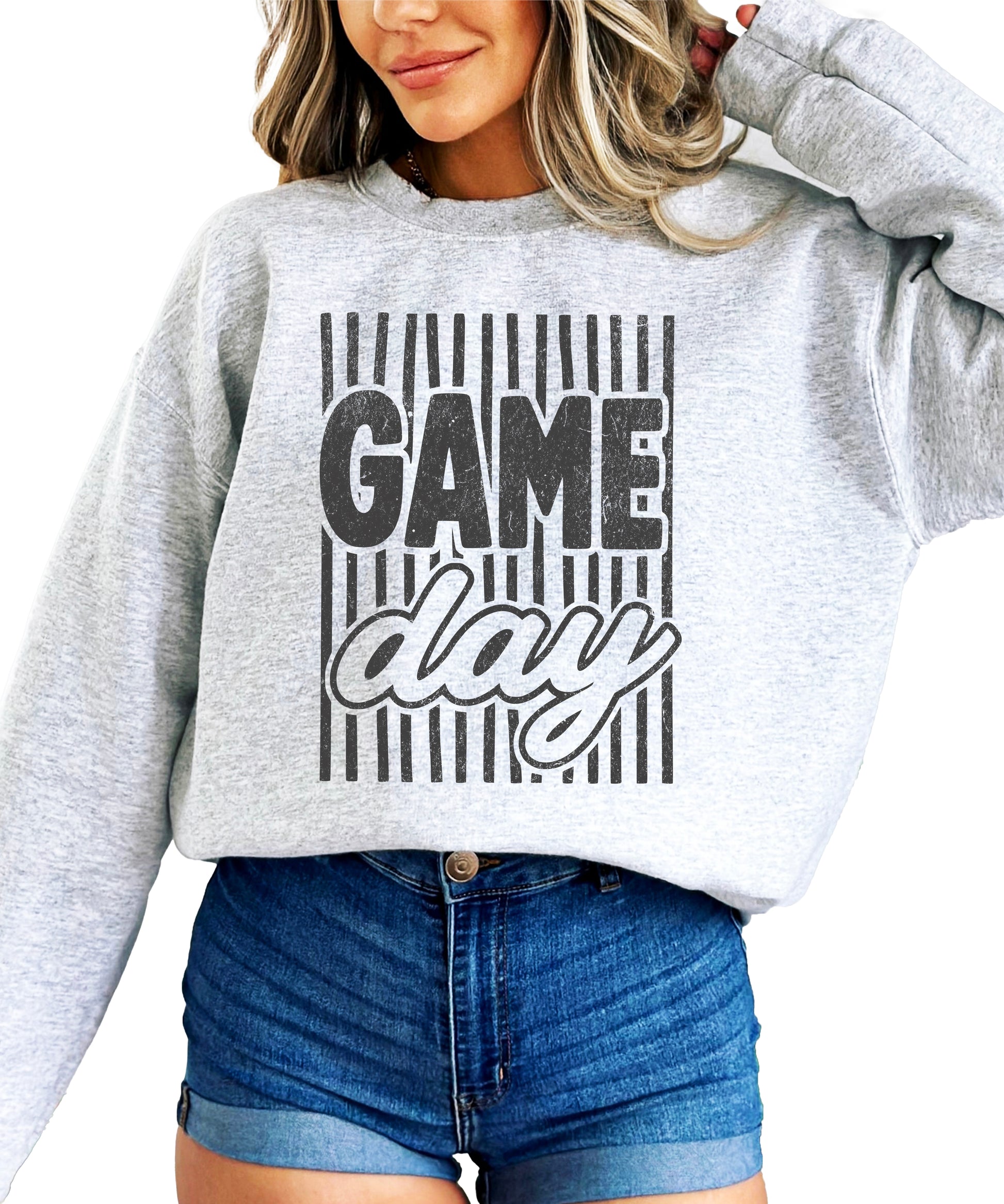 Game Day striped distressed football crewneck sweatshirt for women and teen girls, Black on Gray Sweatshirt, front view