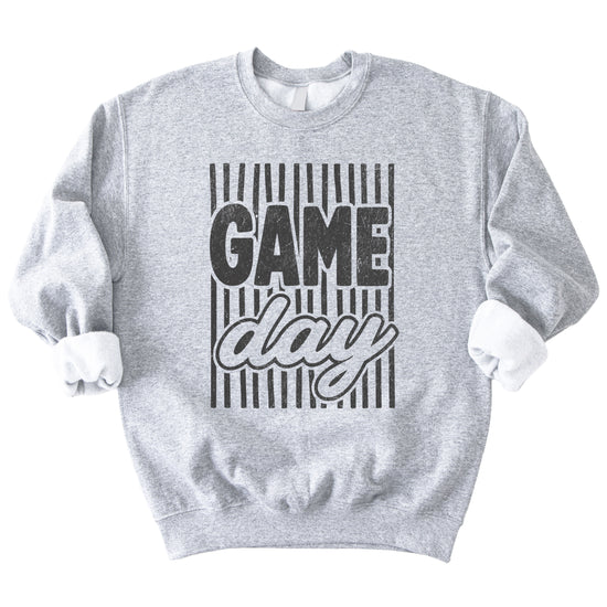 Game Day striped distressed football crewneck sweatshirt for women and teen girls, Black on Gray Sweatshirt, detail view