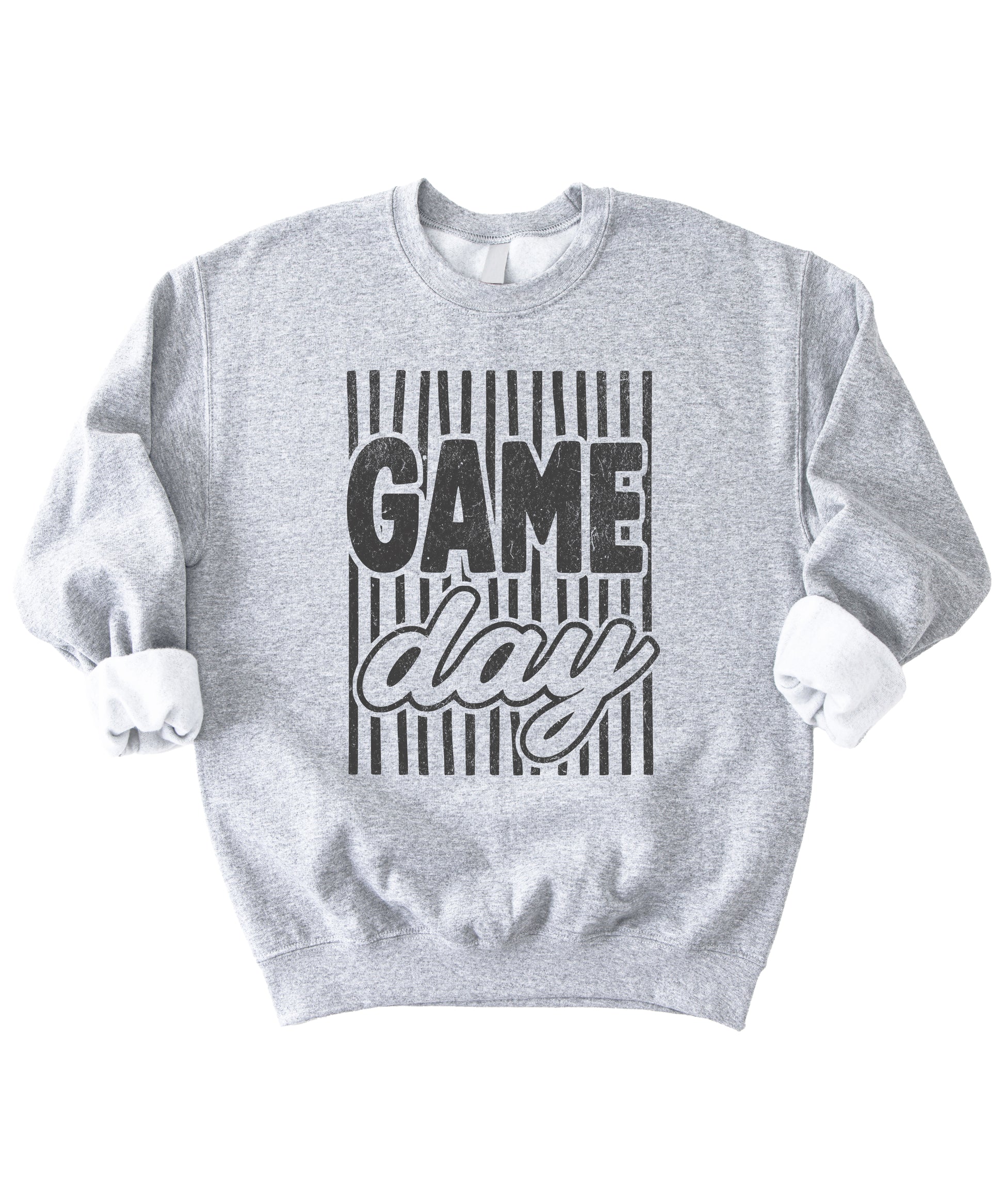 Game Day striped distressed football crewneck sweatshirt for women and teen girls, Black on Gray Sweatshirt, detail view