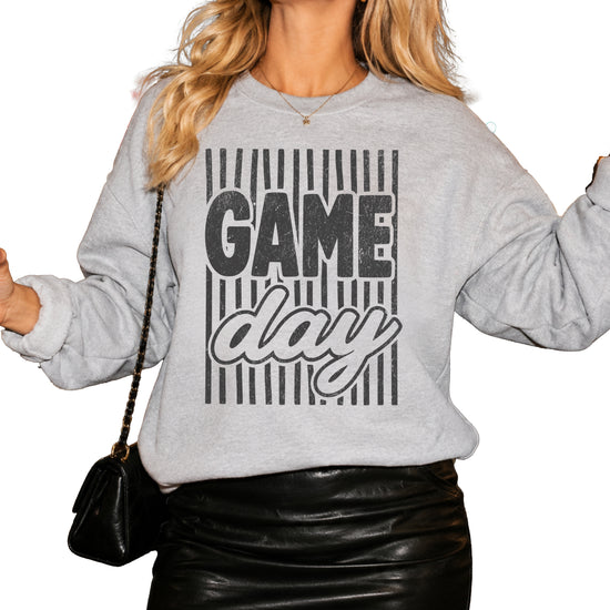 Game Day striped distressed football crewneck sweatshirt for women and teen girls, Black on Gray Sweatshirt, styled view