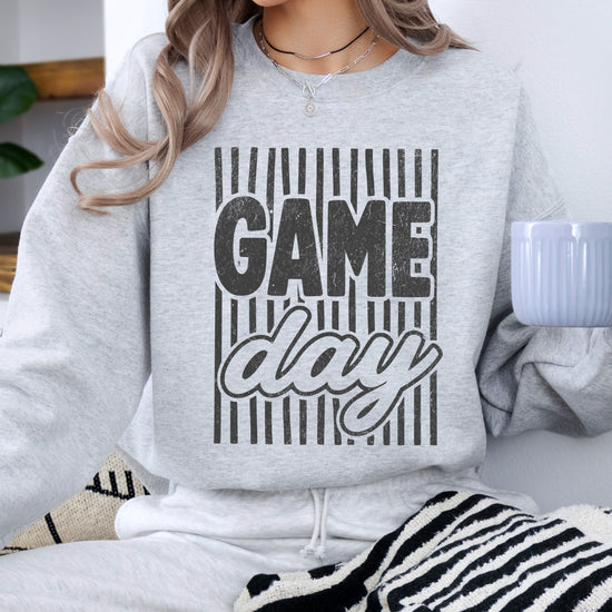 Game Day striped distressed football crewneck sweatshirt for women and teen girls, Black on Gray Sweatshirt, alternate view