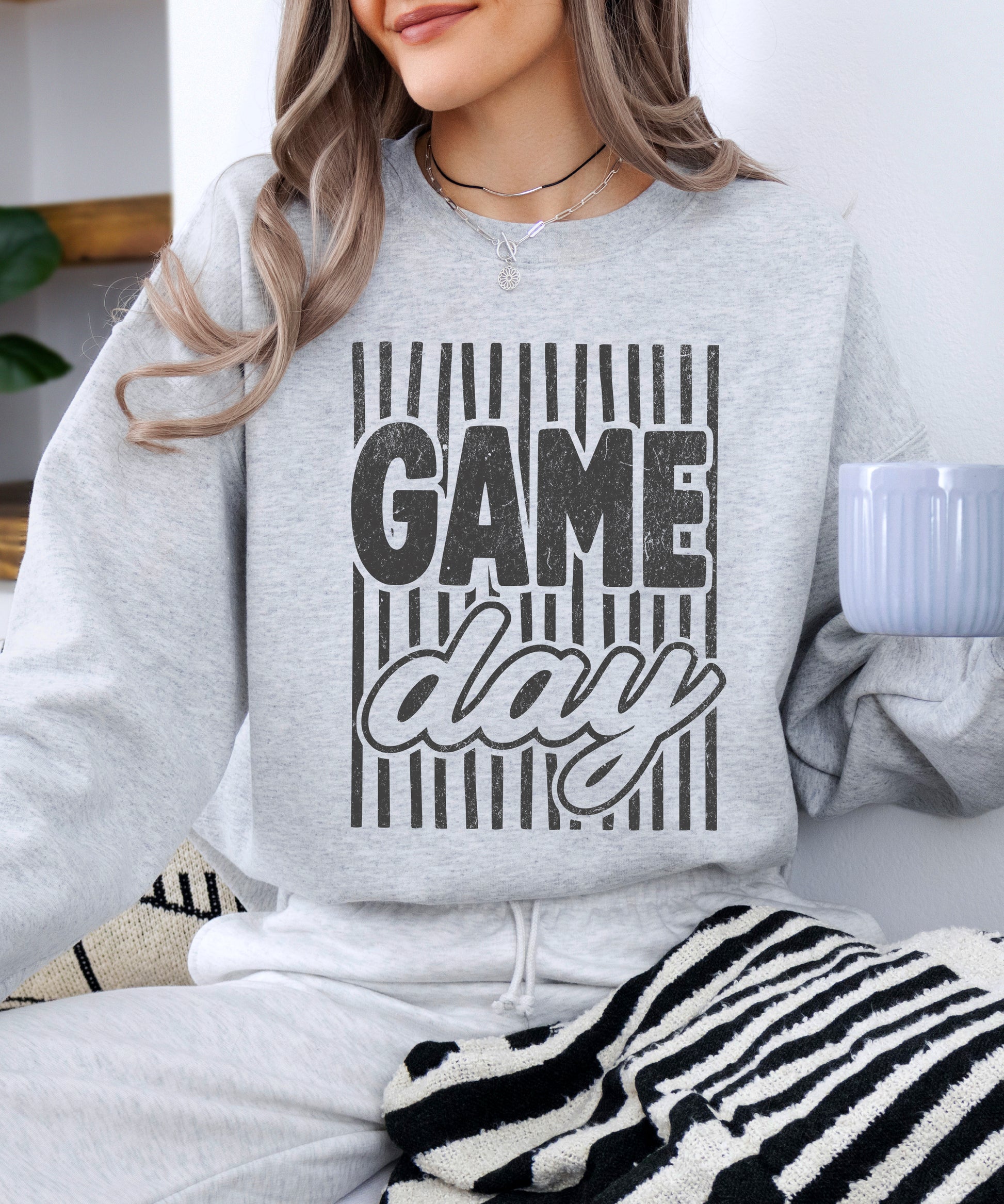 Game Day striped distressed football crewneck sweatshirt for women and teen girls, Black on Gray Sweatshirt, alternate view