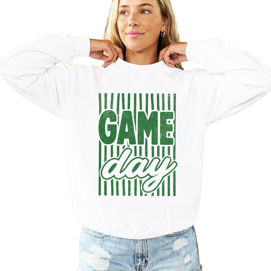 Game Day striped distressed football crewneck sweatshirt for women and teen girls, Green on White Sweatshirt, front view