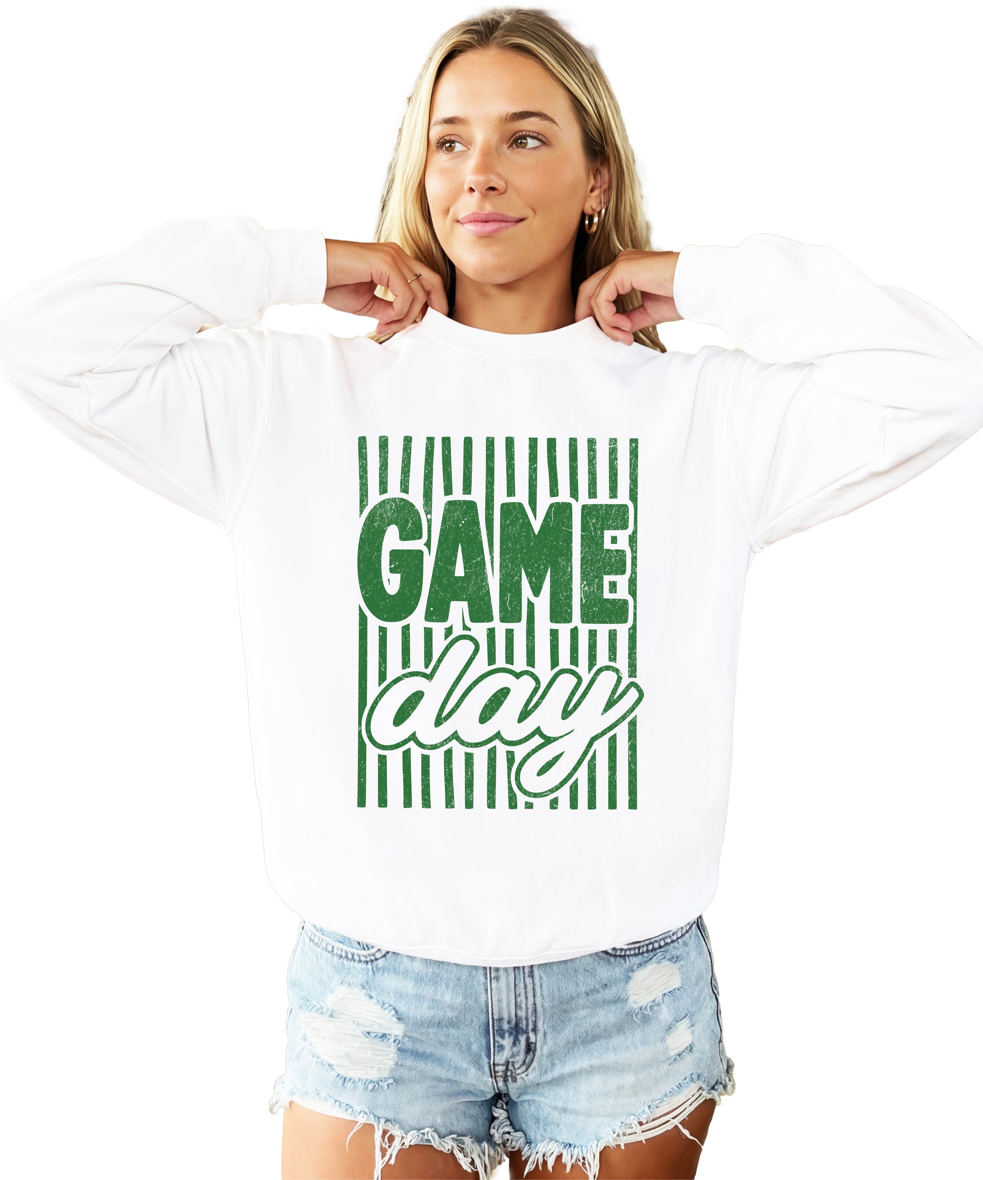 Game Day striped distressed football crewneck sweatshirt for women and teen girls, Green on White Sweatshirt, front view