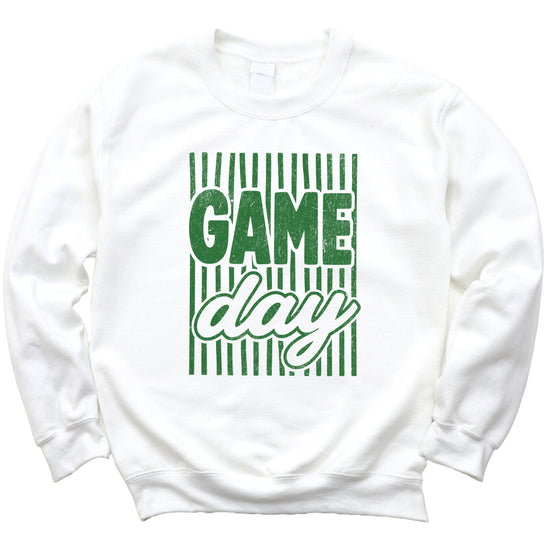 Game Day striped distressed football crewneck sweatshirt for women and teen girls, Green on White Sweatshirt, detail view