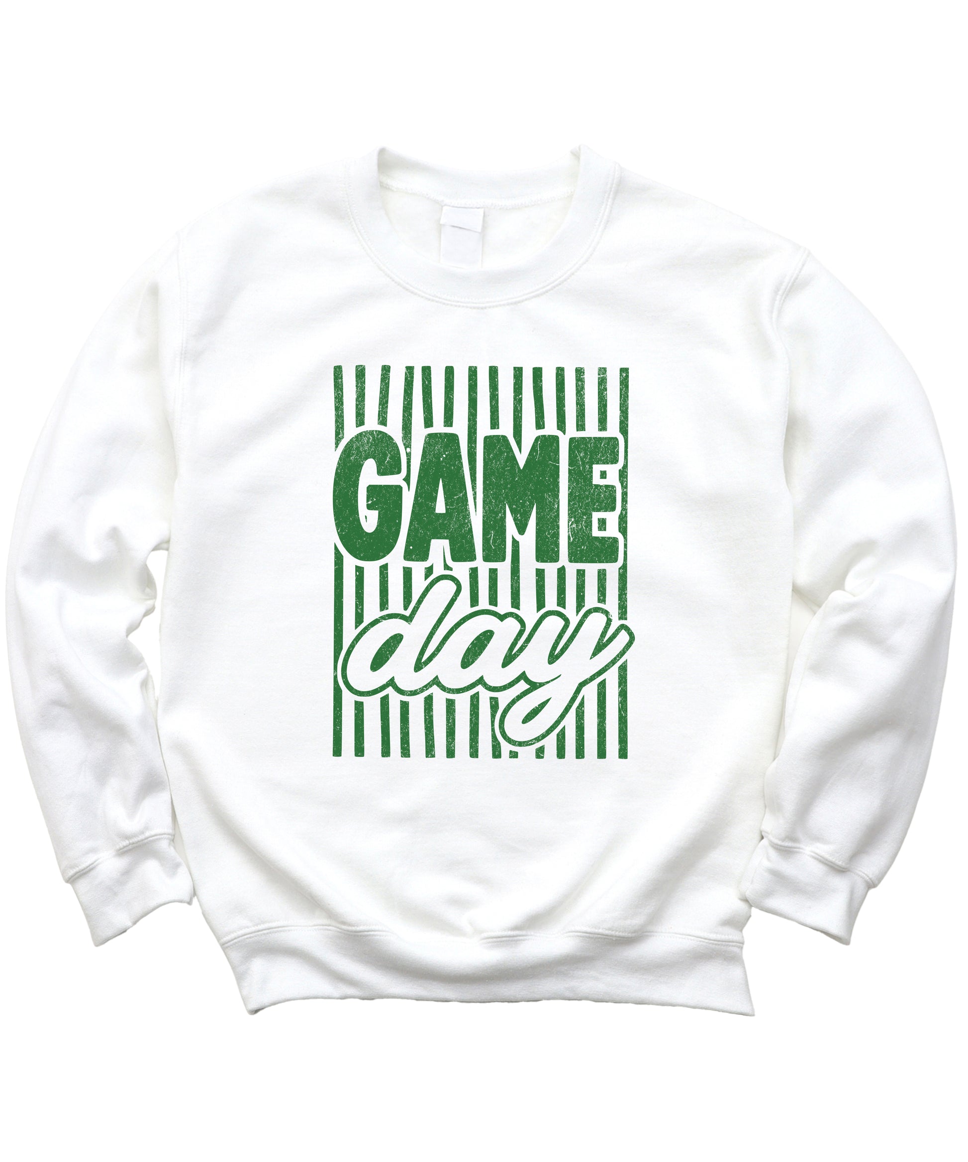 Game Day striped distressed football crewneck sweatshirt for women and teen girls, Green on White Sweatshirt, detail view