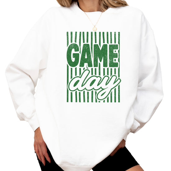 Game Day striped distressed football crewneck sweatshirt for women and teen girls, Green on White Sweatshirt, styled view