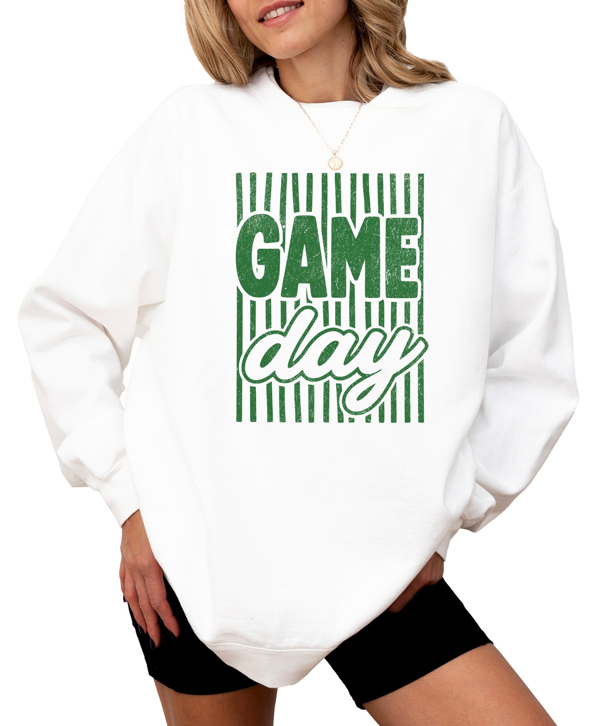 Game Day striped distressed football crewneck sweatshirt for women and teen girls, Green on White Sweatshirt, styled view