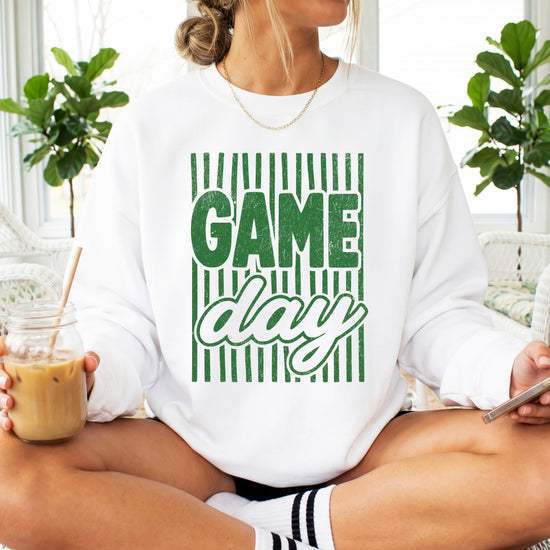 Game Day striped distressed football crewneck sweatshirt for women and teen girls, Green on White Sweatshirt, alternate view