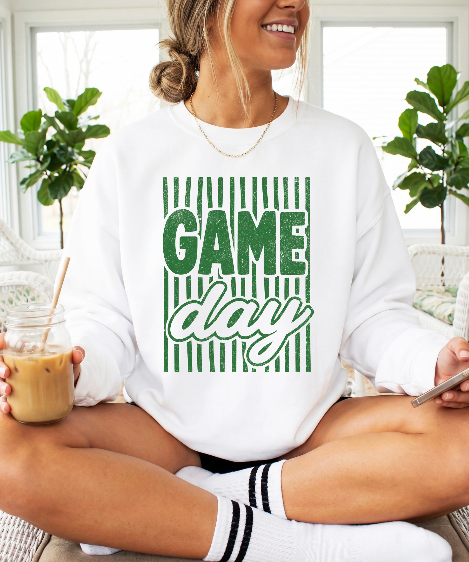 Game Day striped distressed football crewneck sweatshirt for women and teen girls, Green on White Sweatshirt, alternate view