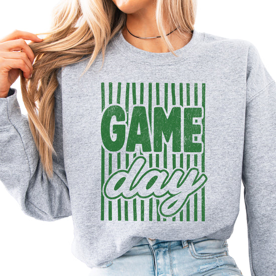 Game Day striped distressed football crewneck sweatshirt for women and teen girls, Green on Gray Sweatshirt, front view