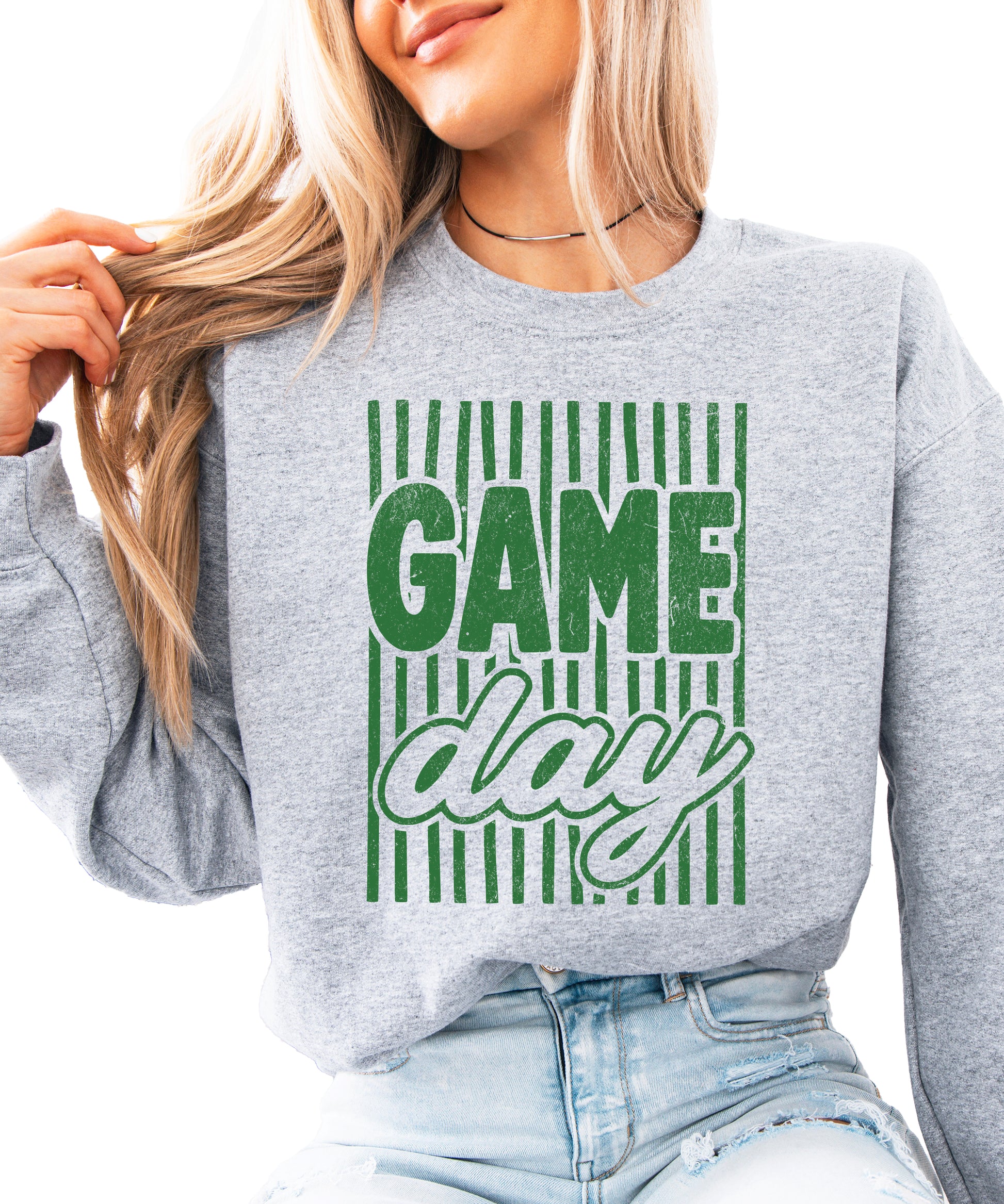 Game Day striped distressed football crewneck sweatshirt for women and teen girls, Green on Gray Sweatshirt, front view