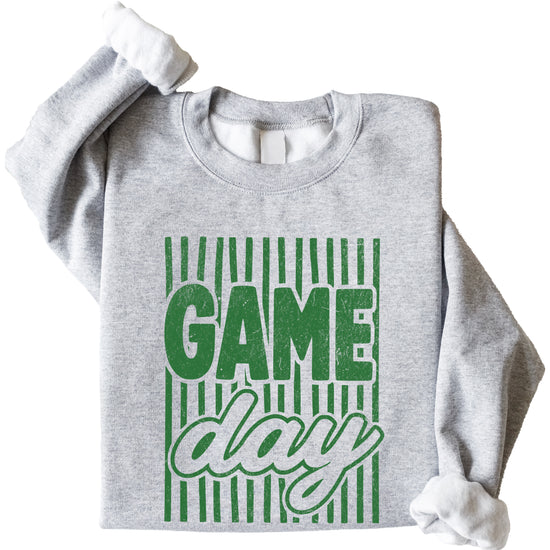 Game Day striped distressed football crewneck sweatshirt for women and teen girls, Green on Gray Sweatshirt, detail view