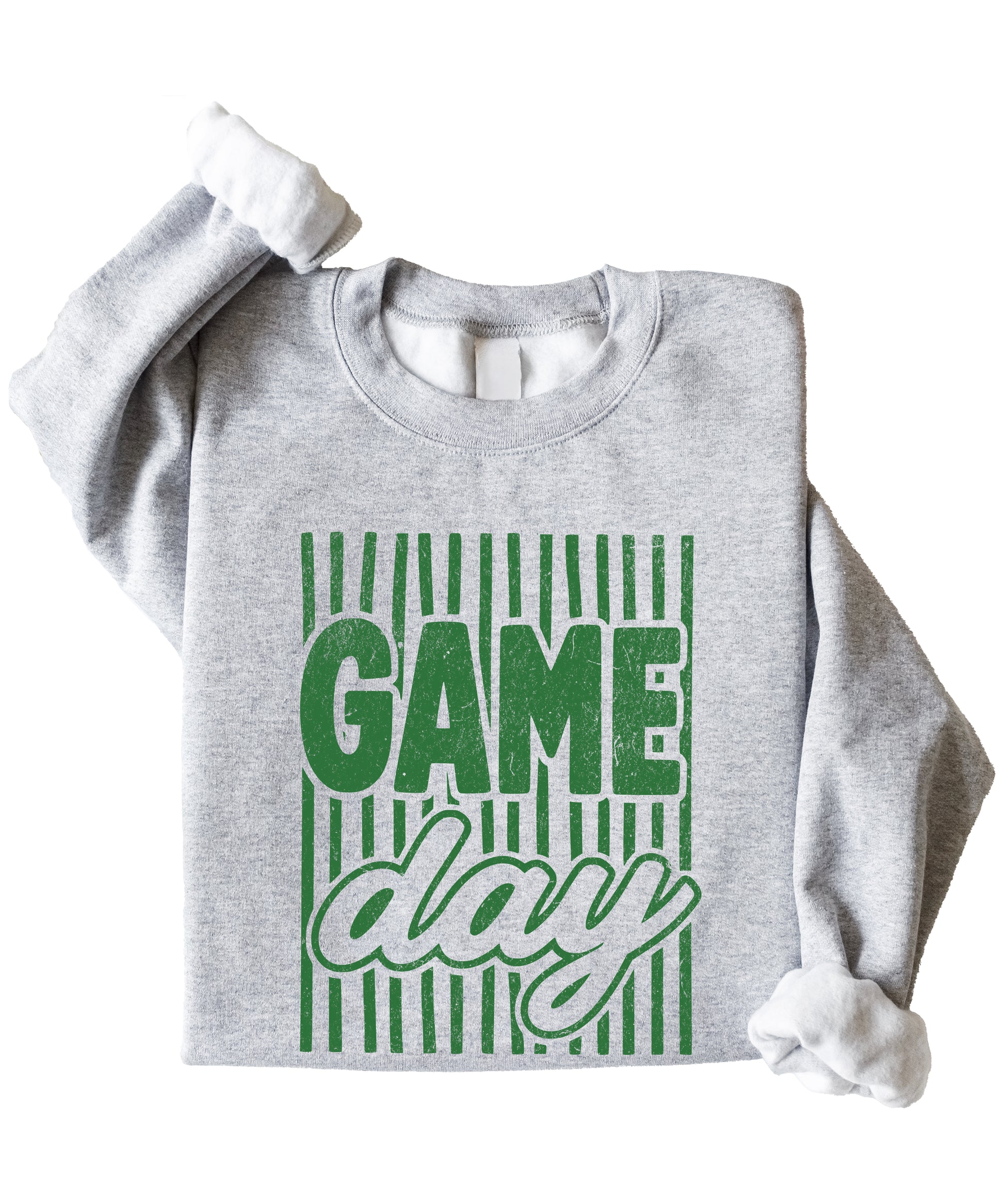 Game Day striped distressed football crewneck sweatshirt for women and teen girls, Green on Gray Sweatshirt, detail view