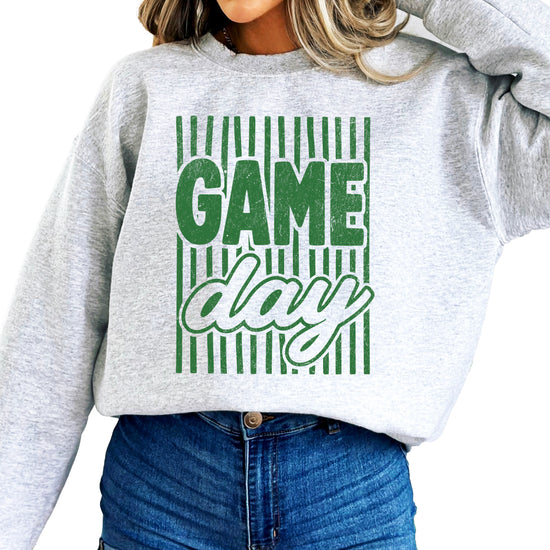 Game Day striped distressed football crewneck sweatshirt for women and teen girls, Green on Gray Sweatshirt, styled view