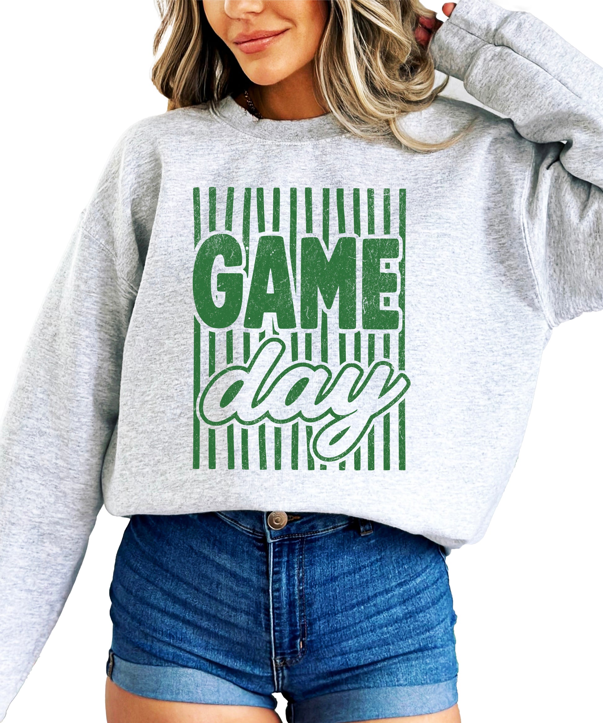 Game Day striped distressed football crewneck sweatshirt for women and teen girls, Green on Gray Sweatshirt, styled view