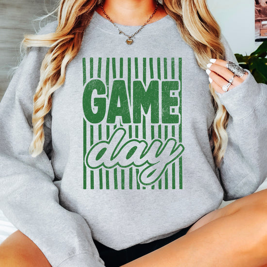 Game Day striped distressed football crewneck sweatshirt for women and teen girls, Green on Gray Sweatshirt, alternate view
