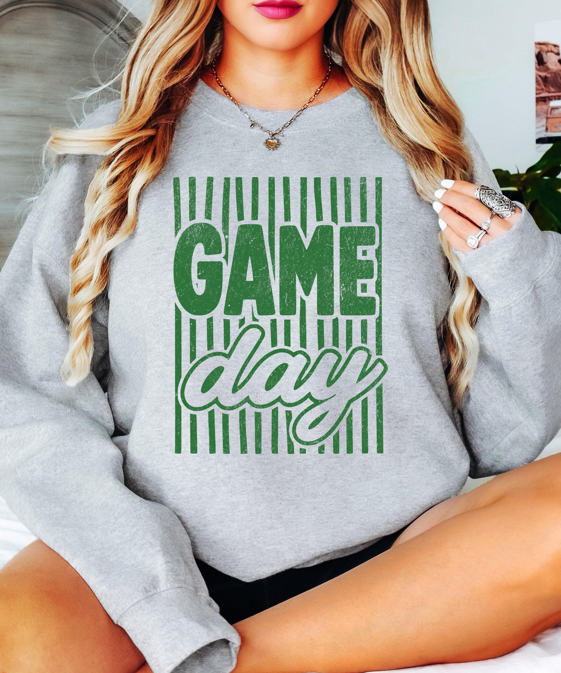Game Day striped distressed football crewneck sweatshirt for women and teen girls, Green on Gray Sweatshirt, alternate view
