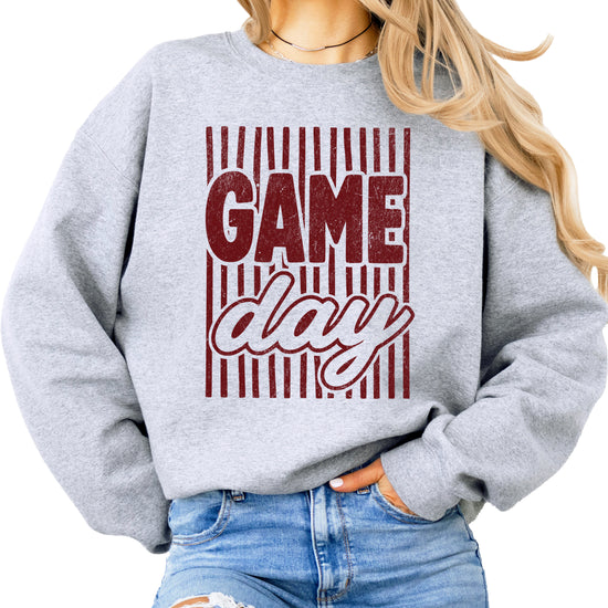 Game Day striped distressed football crewneck sweatshirt for women and teen girls, Maroon on Gray Sweatshirt, front view