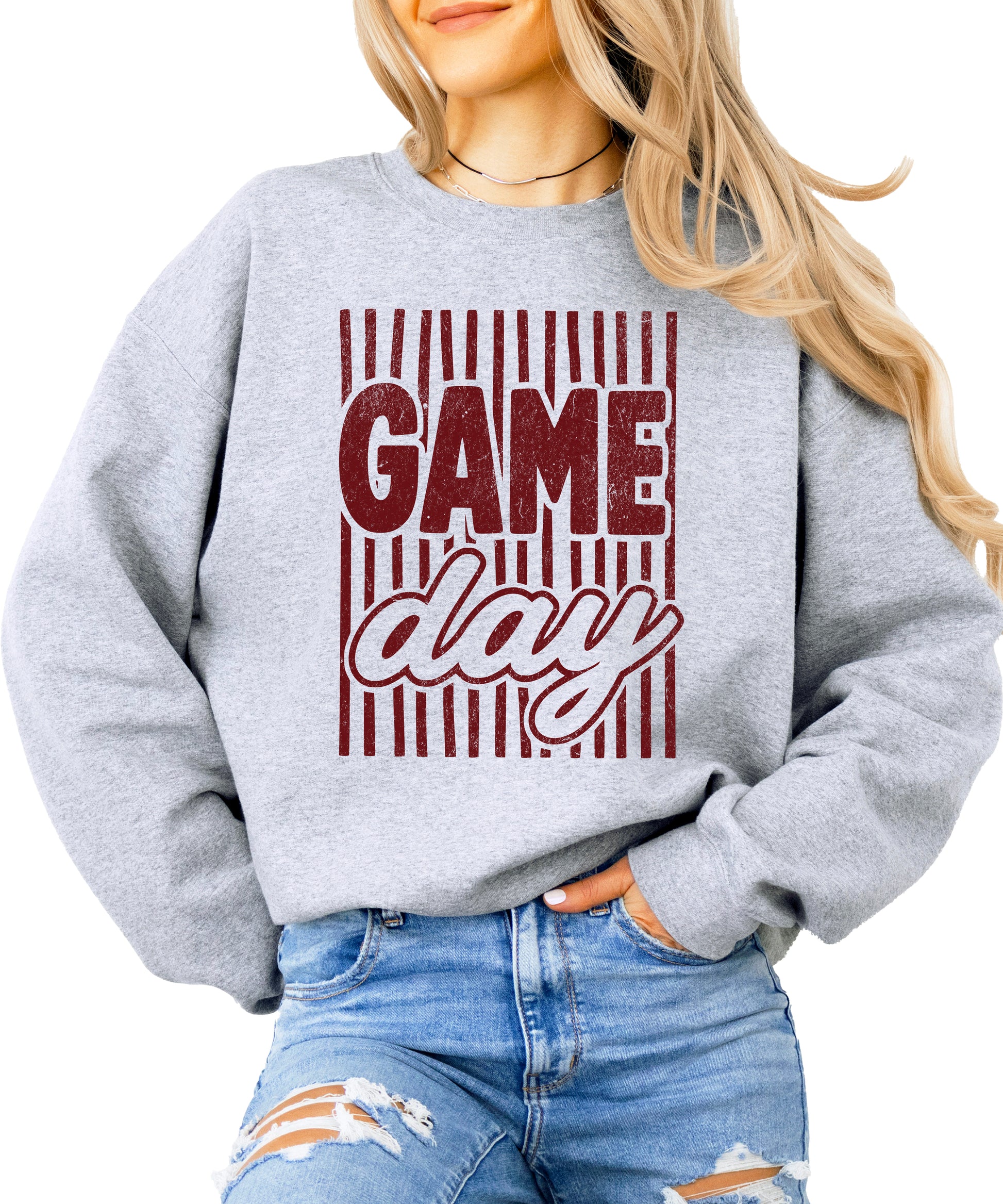 Game Day striped distressed football crewneck sweatshirt for women and teen girls, Maroon on Gray Sweatshirt, front view