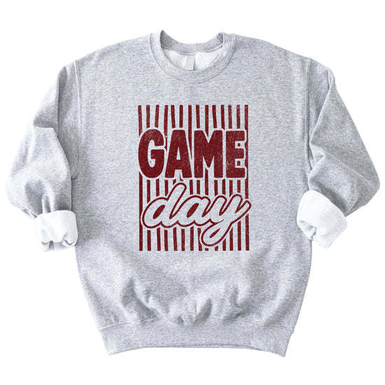 Game Day striped distressed football crewneck sweatshirt for women and teen girls, Maroon on Gray Sweatshirt, detail view